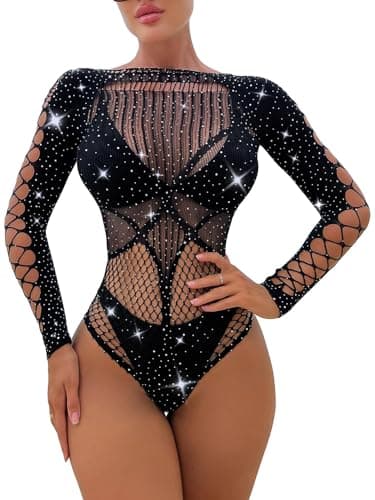 Milumia Women's Fishnet Rhinestone Cut Out Mesh Bodysuit
