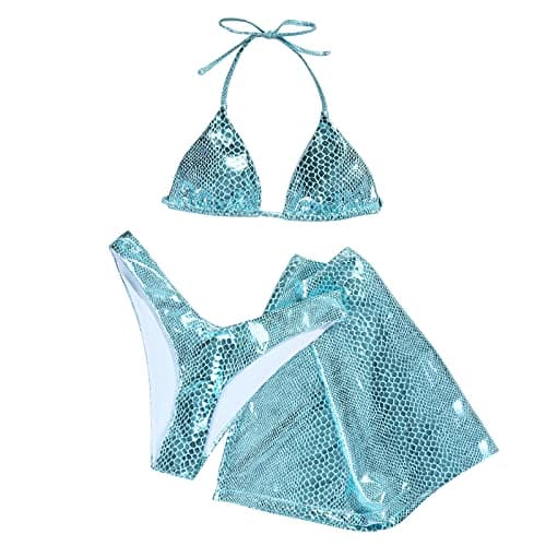 ABAFIP Women Shiny Hologram Rave Halter Bikini Sets