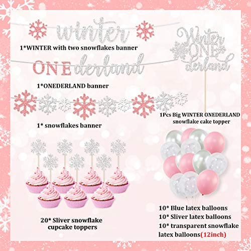 Winter Onederland 1st Birthday Girl Party Decoration - Banner, Balloons, Cake Toppers
