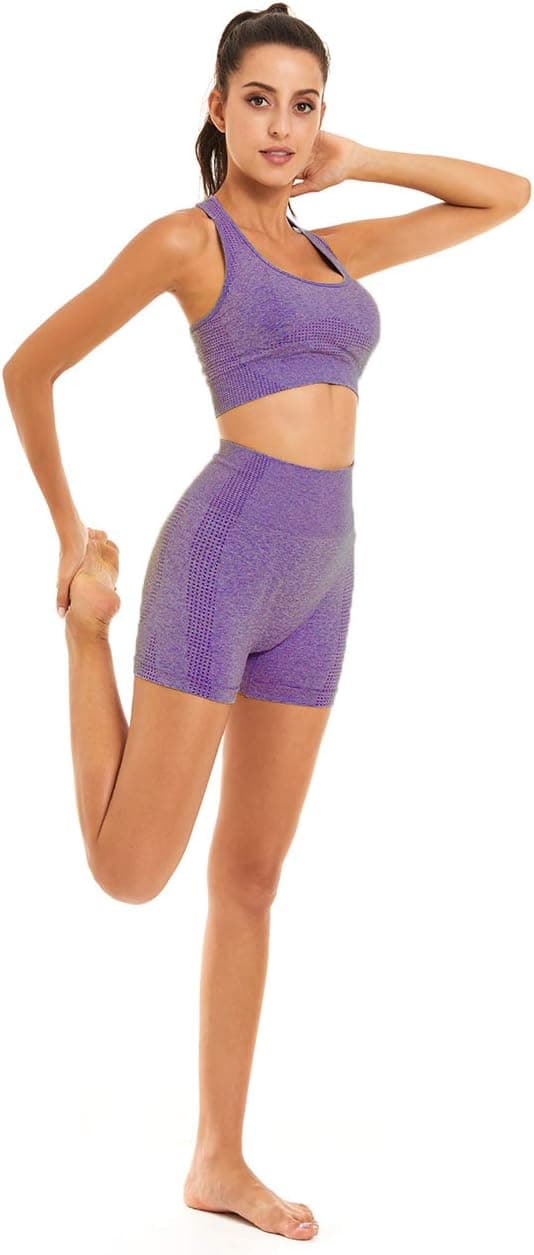 Women Seamless Yoga Workout Set 2 Piece Outfits Gym Shorts Sports Bra