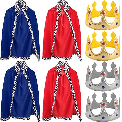4-Pack Kids King Costume Set: Red & Blue Cape Crown Sheriff's Kids Halloween Cosplay