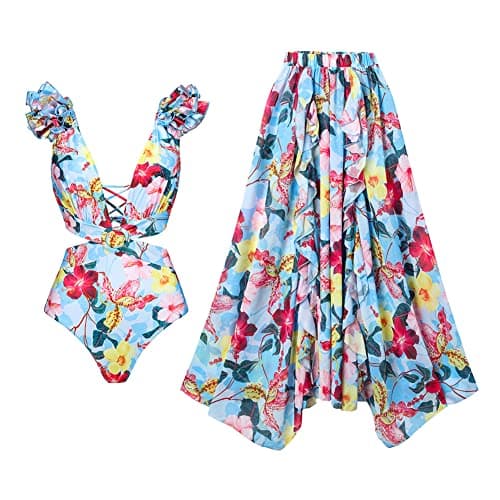 Women's One Piece Swimsuit with Floral Sarong Cover Up and Tummy Control