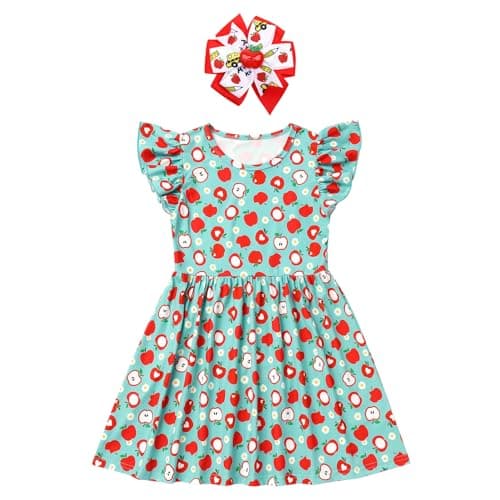 IMEKIS Girls' Back to School Pencil Print Dress with Hair Bow 4-7T