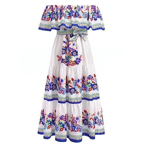 IMEKIS Women Mexican Dress Summer Floral Print Off Shoulder Maxi Gowns