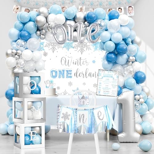 Winter Onederland Birthday Decorations for Boy, Blue Snowflake Banner Highchair Balloon