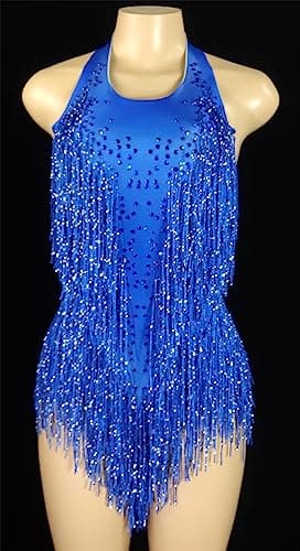 HEYDHSDC Sparkly Crystals Fringe Bodysuit Dance Costume