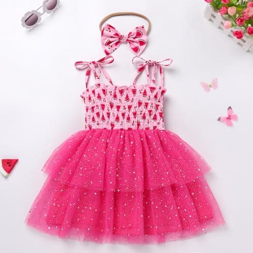 IMEKIS Toddler Girl Boho Birthday Dress & Headband Straw Melon Party Outfit