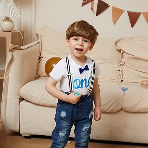Pinleck Toddler Boy Birthday Outfit Bowtie Romper Suspender Jeans Set