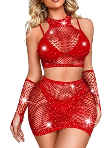 Kaei&Shi Women's Glitter Fishnet Skirt & Mesh Swimcover for Festivals