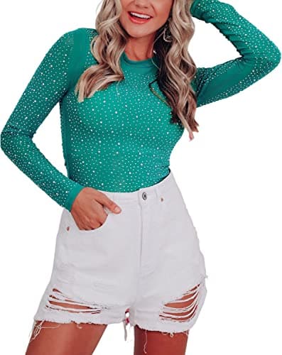 Hotmiss Rhinestone Stud Fishnet Long Sleeve Thong Bodysuit for Women