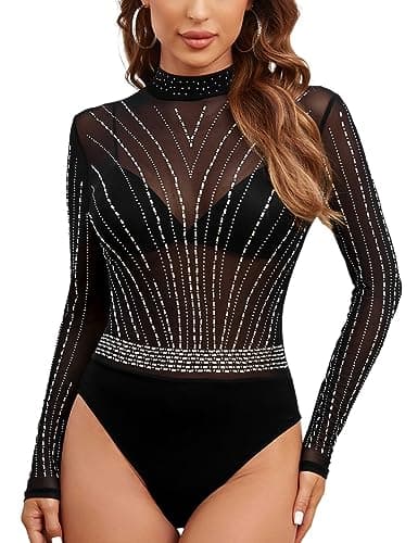 Sexy Rhinestone Studded Sheer Mesh Bodysuit for Women