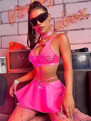 Allribelly Women's Rave Outfit Underwire Bra & Mini Skirt with Stockings Costume