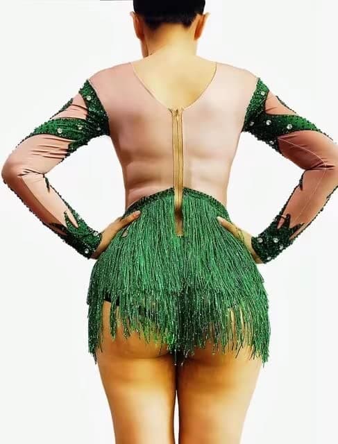Earthradius Green Rhinestone Fringe Spandex Bodysuit for Women Dancers and Singers