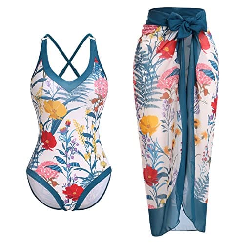 IMEKIS Women’s Floral Print Bikini Set with Wrap Skirt