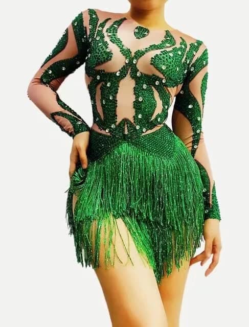 Earthradius Green Rhinestone Fringe Spandex Bodysuit for Women Dancers and Singers