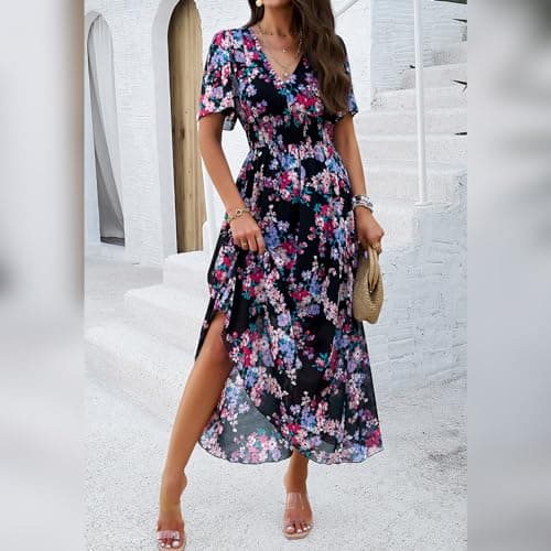 Women's V-Neck Maxi Dress with Floral Print