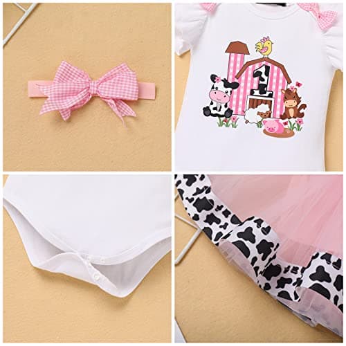 Baby Girl 1st Birthday Farm Cow Ladybug Romper Tutu Skirt Headband Cake Smash Photo Shoot Clothes