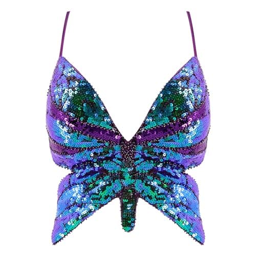 Glitter Sequin Butterfly Crop Top for Women