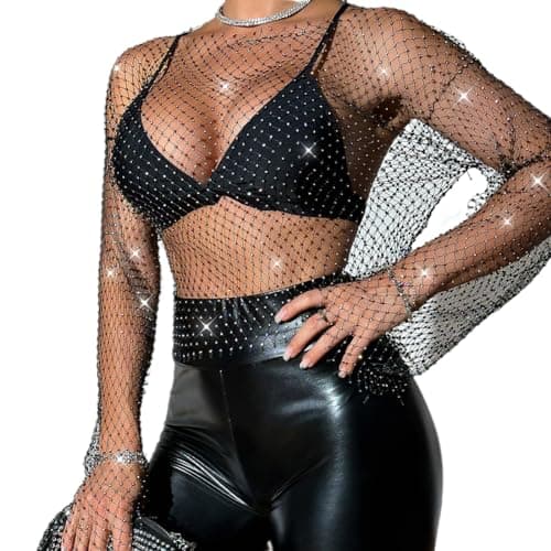 Sparkle Rhinestone Mesh Crop Top with Long Sleeve for Women
