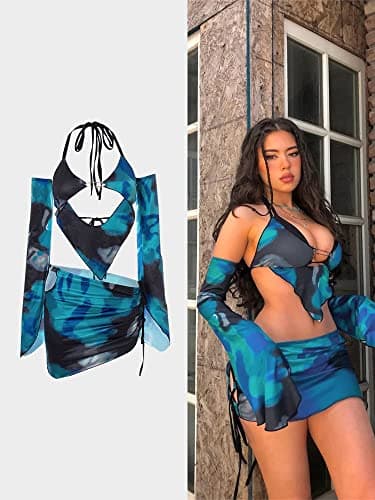 Women Marble Print Halter Backless Mini Dress