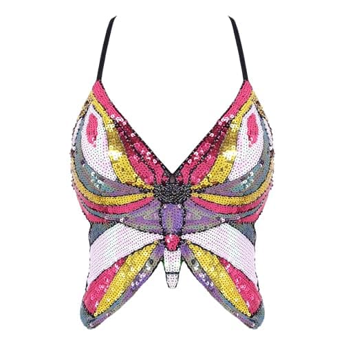 Glitter Sequin Butterfly Crop Top for Women
