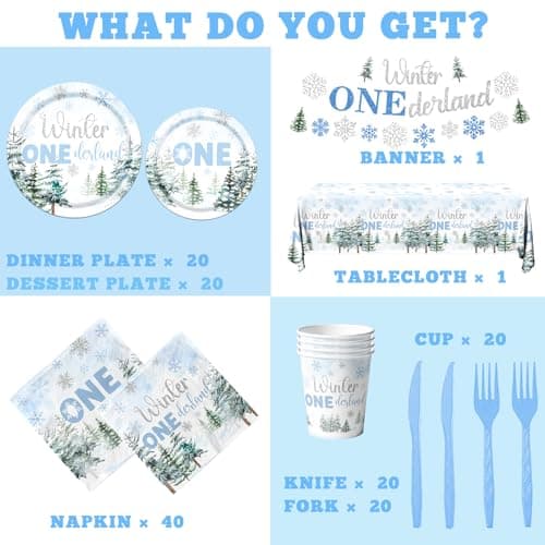 HAKOTI Winter Wonderland 1st Birthday Boy Tableware - 142 Pcs Blue Snowflake Plates & Napkins