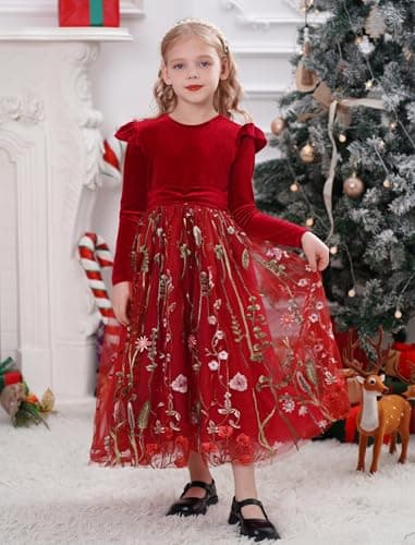 IMEKIS Embroidered Floral Velvet Dress for Toddler Girl Fall Winter 3-12T