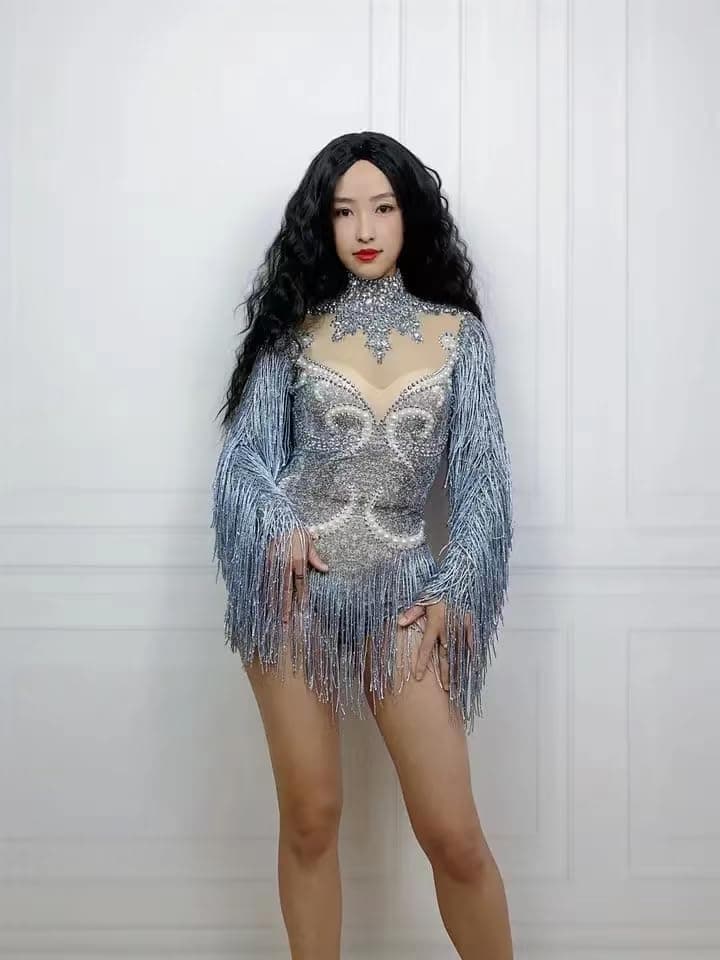 Earthradius Gray Tassel Crystal Women's Dancer Bodysuit Party Costume