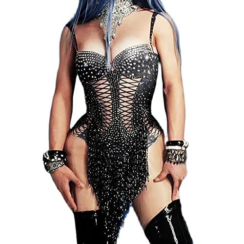 YUANTONG Sparkly Rhinestone High Neck Sleeveless Fringe Drag Queen Dance Costume