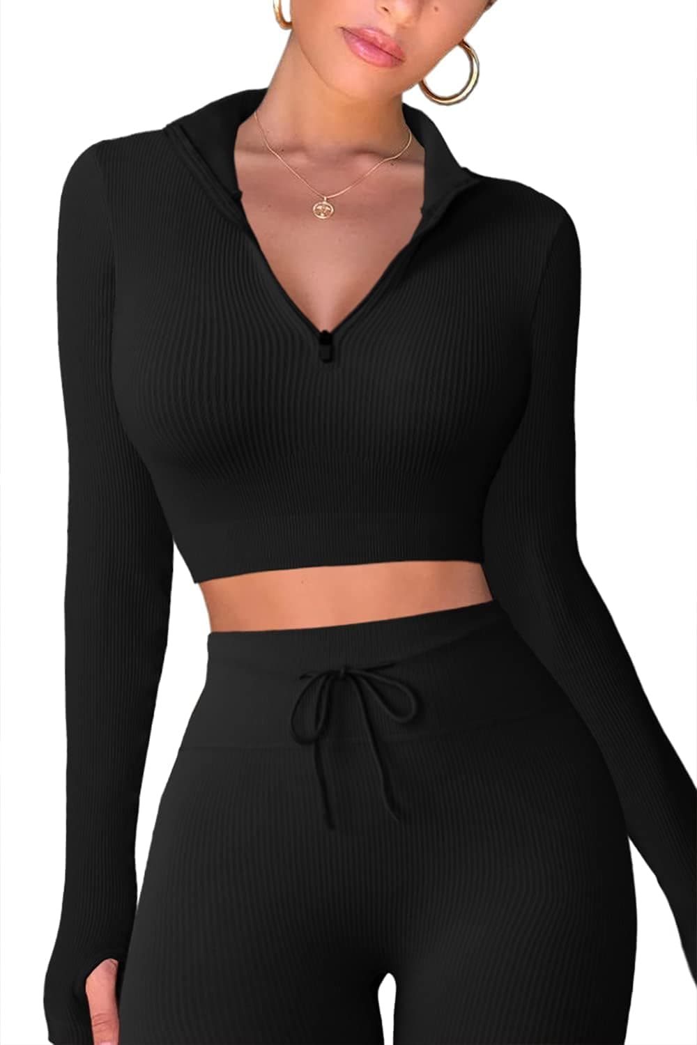 Workout Sets for Women 2 Piece Seamless Long Sleeve Crop Tops Ribbed High Waist Leggings