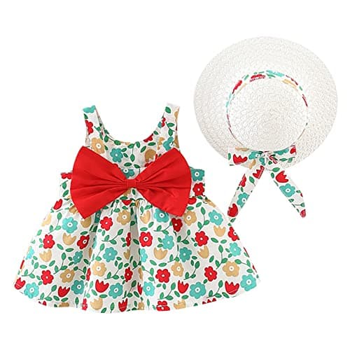 IMEKIS Toddler Girls Hawaiian Rainbow Backless Sundress & Straw Hat