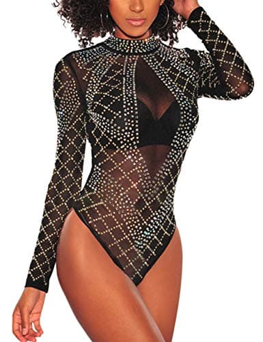 Sheer Mesh Long Sleeve Bodysuit for Women