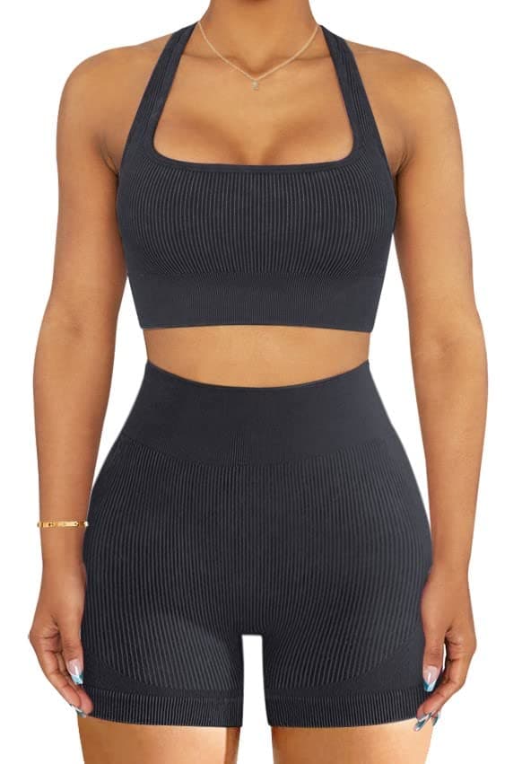 OLCHEE Women's Seamless Ribbed Workout Set - Acid Wash Yoga Leggings and Keyhole Crop Top Bra