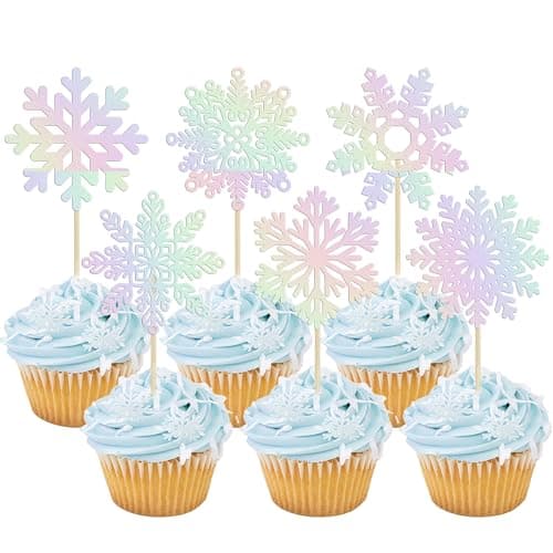 Gyufise 24 Pack Blue Silver Glitter Snowflake Cupcake Toppers for Winter Birthday