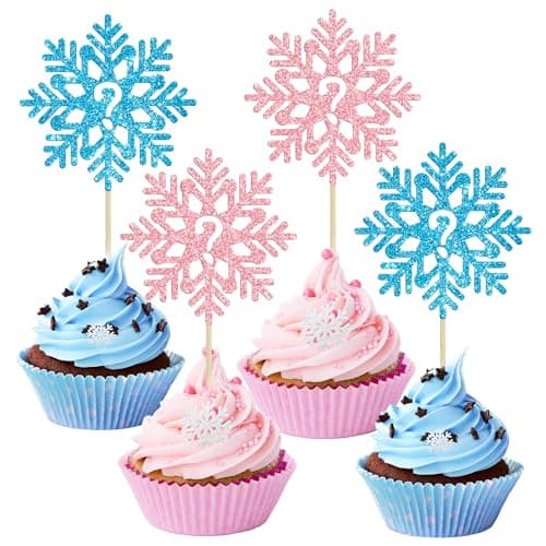 Gyufise 24 Pack Blue Silver Glitter Snowflake Cupcake Toppers for Winter Birthday
