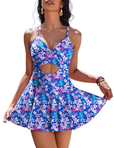 AI'MAGE Women's V-Neck One Piece Swim Dress with Tie Back Skirt