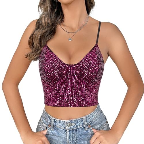 Giovacker Women's V-Neck Sparkle Sequined Crop Top Tank Vest