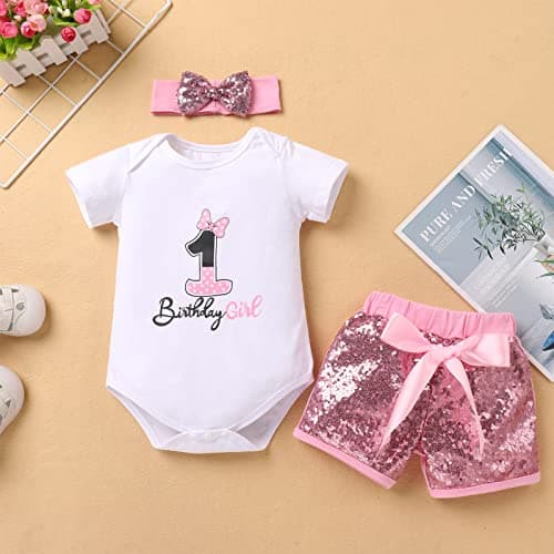 IMEKIS Baby Girl 1st Birthday Outfit & Romper with Sequin Shorts & Headband