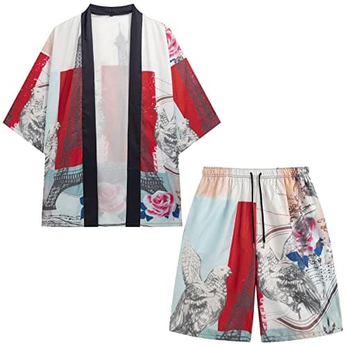 PRIJOUHE Mens Loose Fit Japanese Kimono Coat Jacket with Shorts
