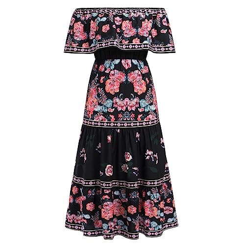 IMEKIS Women Mexican Dress Summer Floral Print Off Shoulder Maxi Gowns