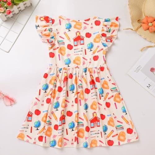 IMEKIS Girls' Back to School Pencil Print Dress with Hair Bow 4-7T