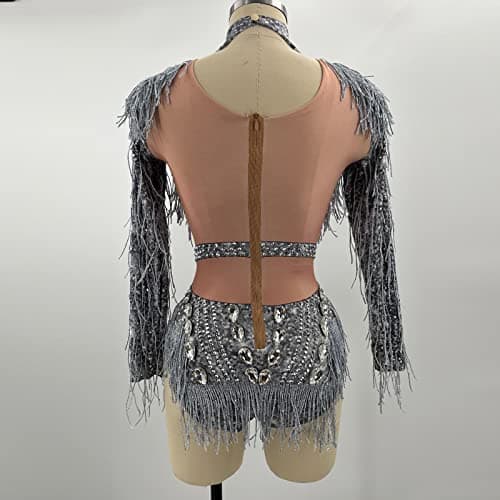 Sparkly Silver Rhinestone Fringe Crystal Bodysuit for Dance Bar Singers - Birthday Celebrate