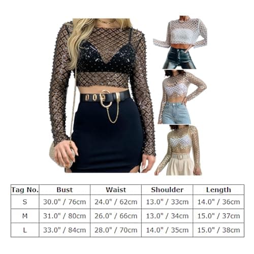 IMEKIS Sparkle Sequins Beads Sheer Mesh Crop Top for Women