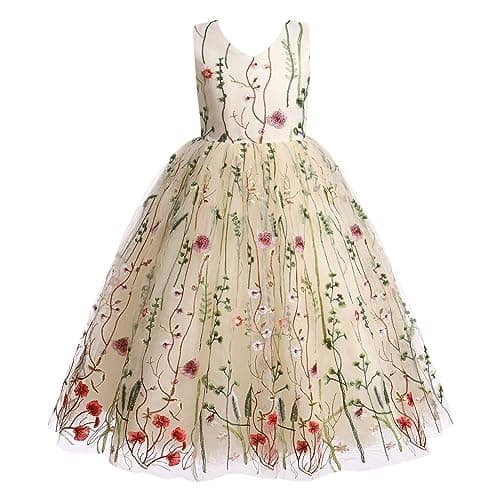 IWEMEK Girls Flower Embroidered Tulle Mesh Dress for Weddings & Birthdays