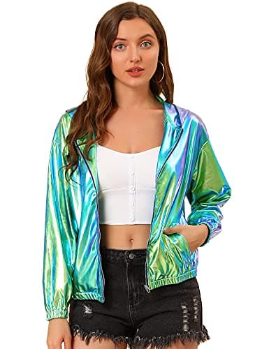 Holographic Shimmer Zipper Hooded Metallic Jacket for Women