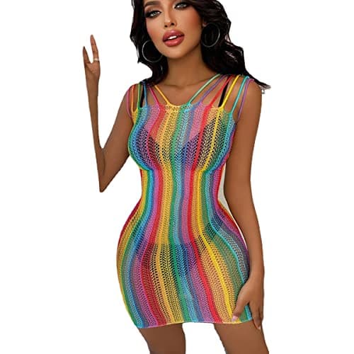 Rainbow Rave Outfit Fishnet Dress - Women's Music Festival Costume