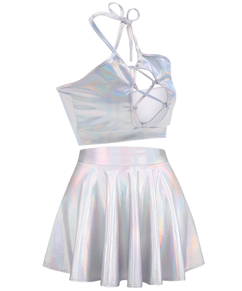 Women's Rave Outfit Sets - Metallic Tops & Long Skirt
