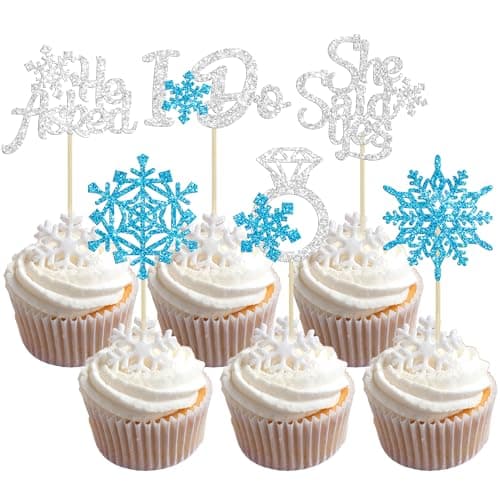 Gyufise 24 Pack Blue Silver Glitter Snowflake Cupcake Toppers for Winter Birthday