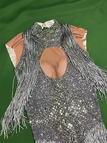 YUANTONG Sparkly Silver Rhinestone Fringe Bodysuit for Women Latin Dance Costume
