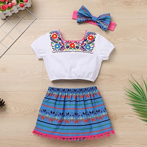 IMEKIS Toddler Girls Mexican Floral Outfit + Top + Skirt + Headband Halloween Costume